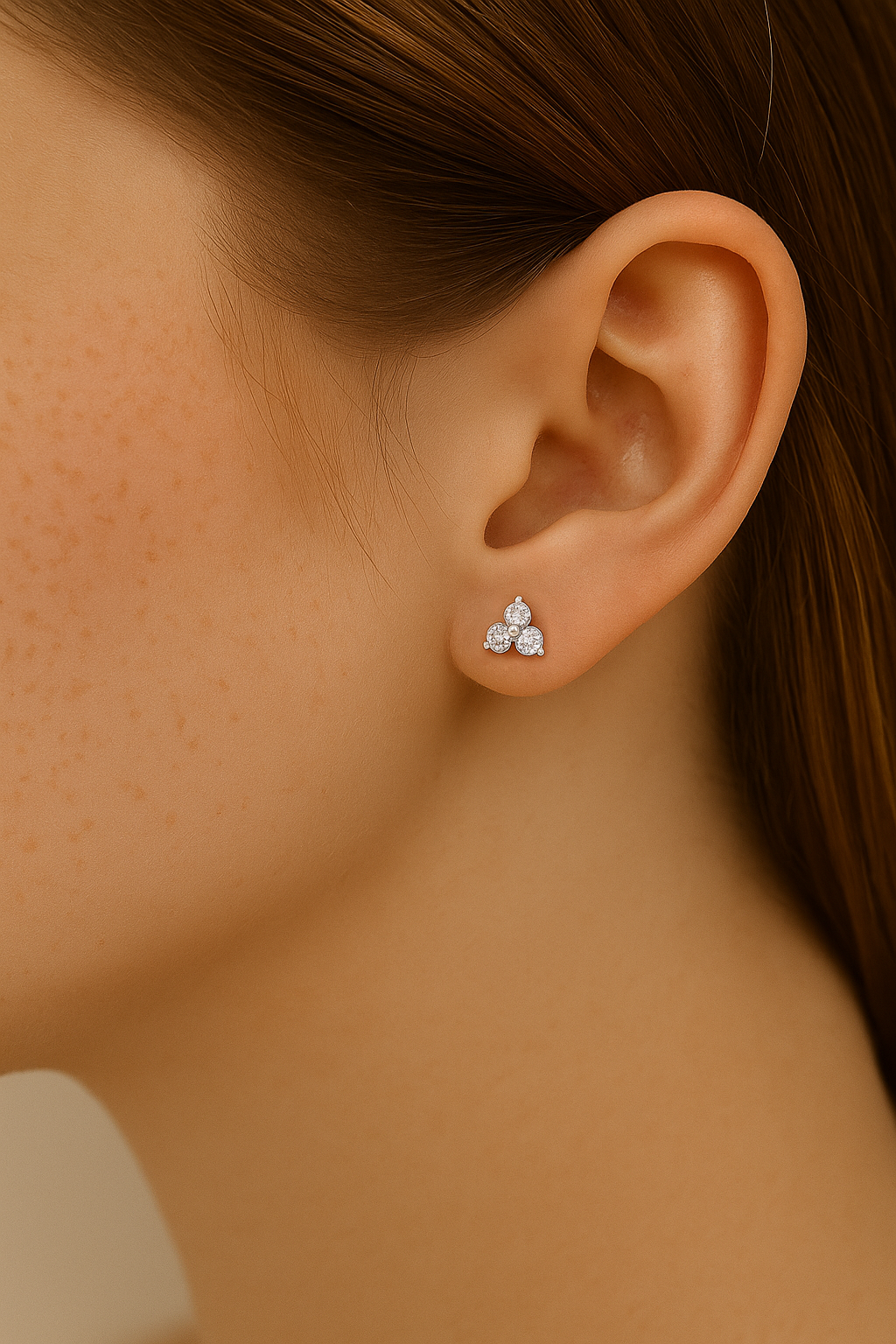 Medium White Gold Trilogy Stud Earring with Three Round Brilliant