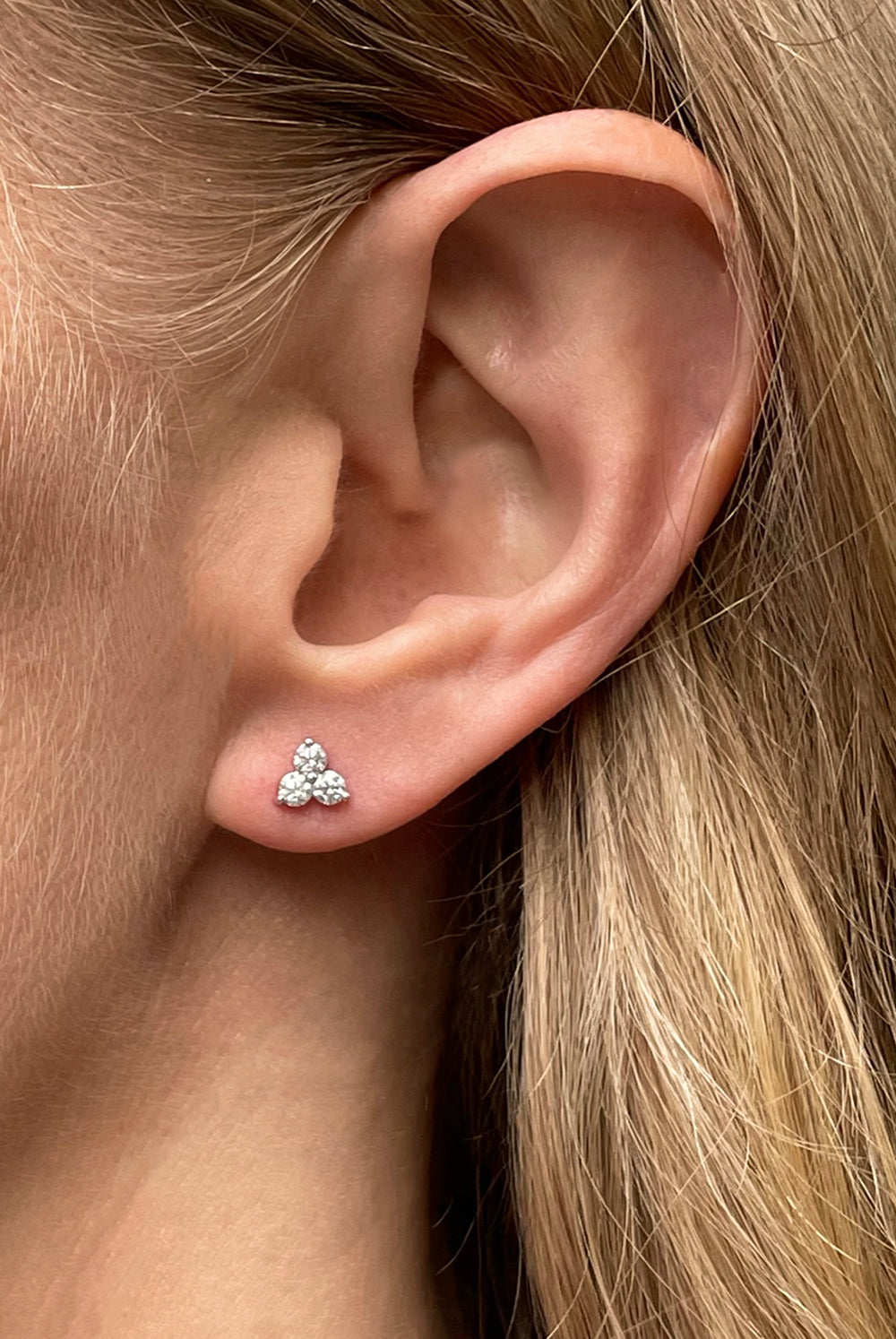 Small White Gold Trilogy Stud Earring with Three Round Brilliant