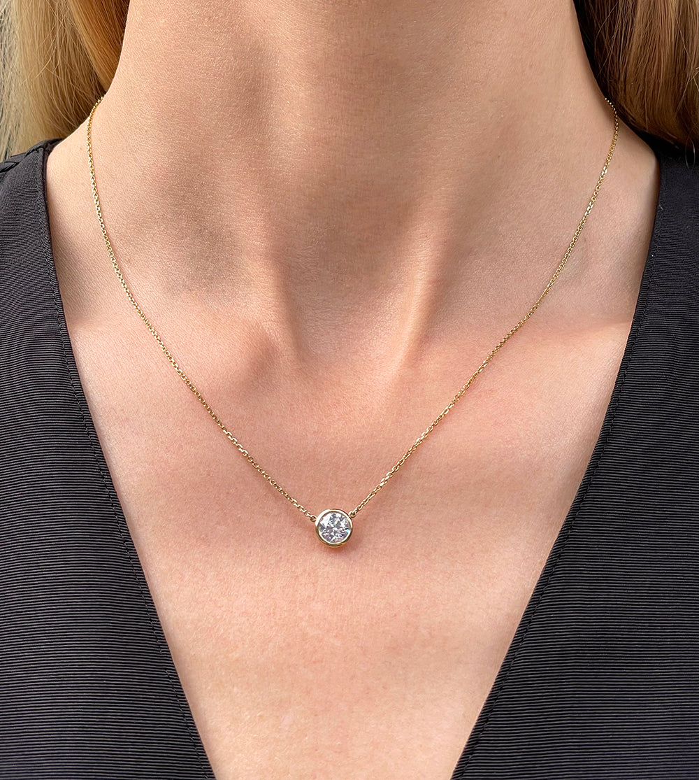 Carat Solitaire Diamond Pendant Necklace Bezel Set in 14k