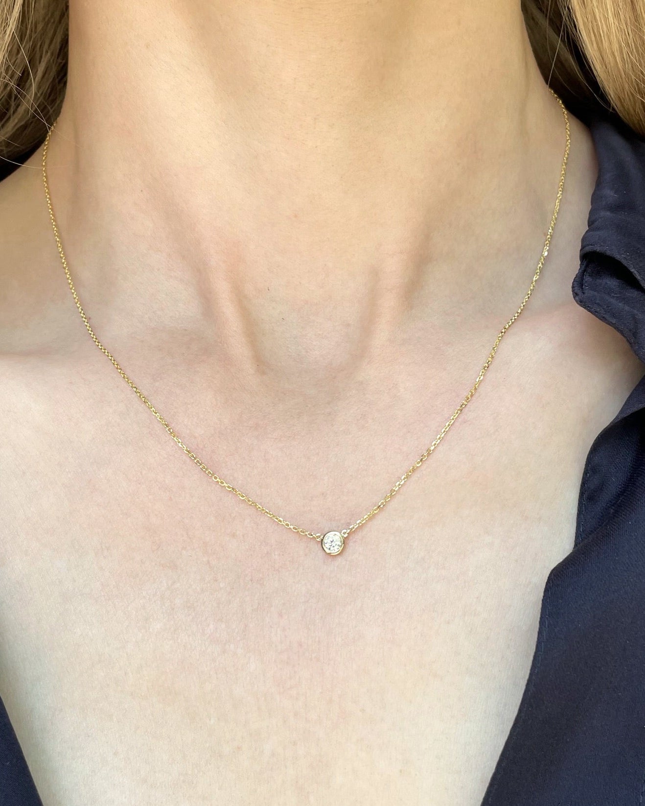 Bezel Set Diamond Solitaire Pendant Necklace | 14k Yellow Gold