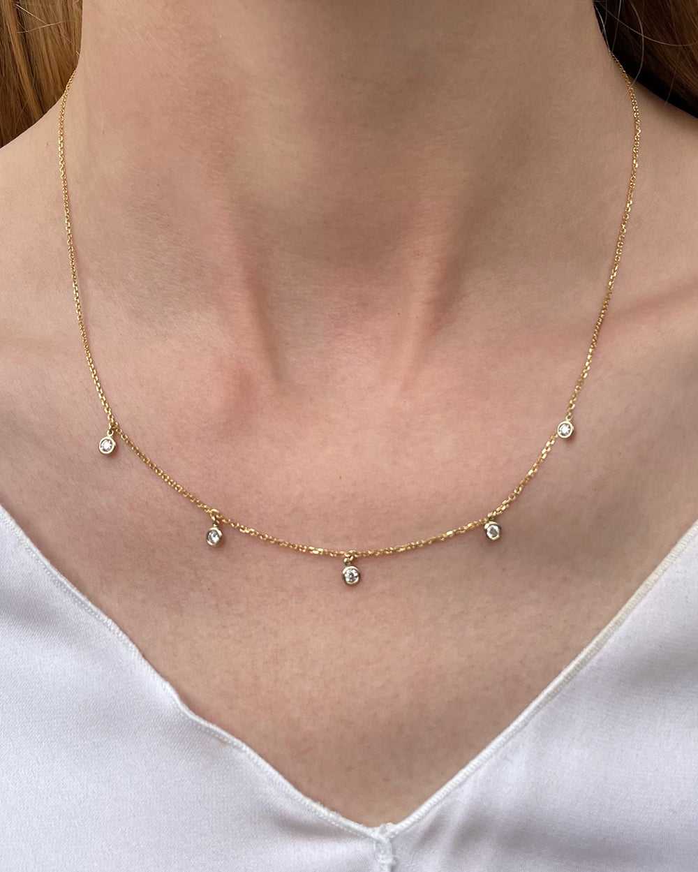 0.25 Carat Brilliant Cut Diamond Droplet Bezel Set Station Necklace | 14K Yellow Gold or White Gold