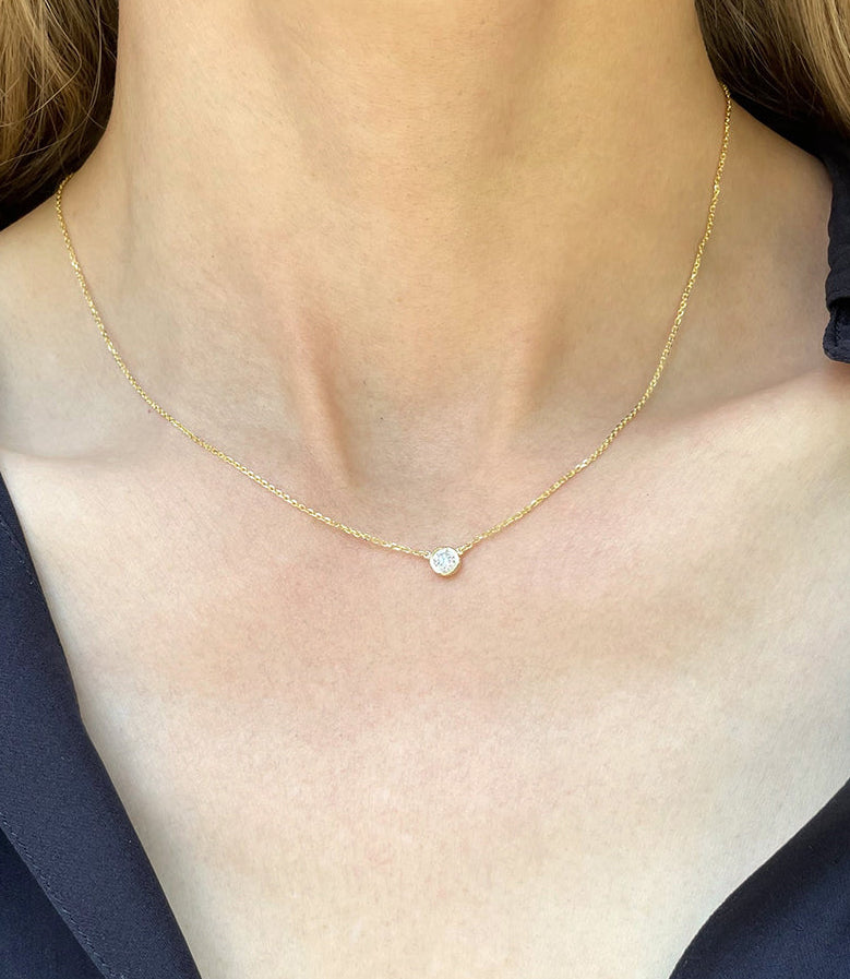 Bezel Set Diamond Solitaire Pendant Necklace | 14k Yellow Gold