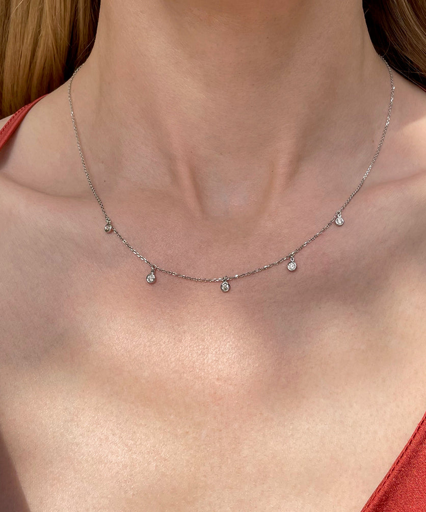 0.25 Carat Brilliant Cut Diamond Droplet Bezel Set Station Necklace | 14K Yellow Gold or White Gold