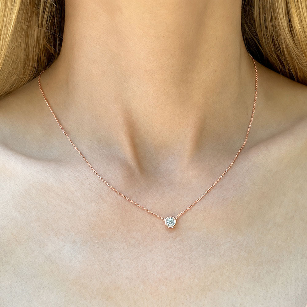 Bezel Set Diamond Solitaire Pendant Necklace | 14K Rose Gold