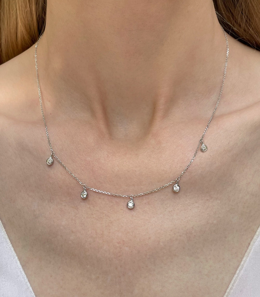 0.50 Carat Brilliant-Cut Diamond Droplet Bezel Set Station Necklace | 14K Yellow Gold or White Gold