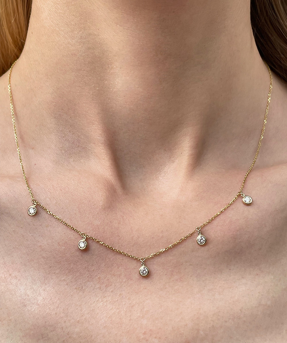 0.50 Carat Brilliant-Cut Diamond Droplet Bezel Set Station Necklace | 14K Yellow Gold or White Gold