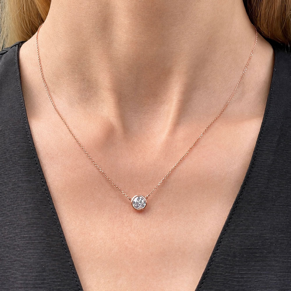 Bezel Set Diamond Solitaire Pendant Necklace | 14K Rose Gold