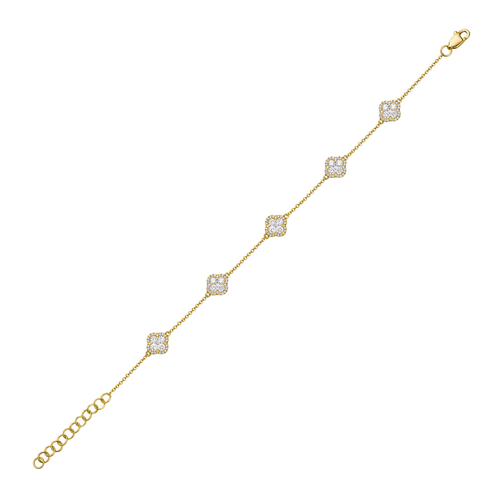 Yellow Gold and Diamond Clover Station Bracelet with Yellow Gold Chain