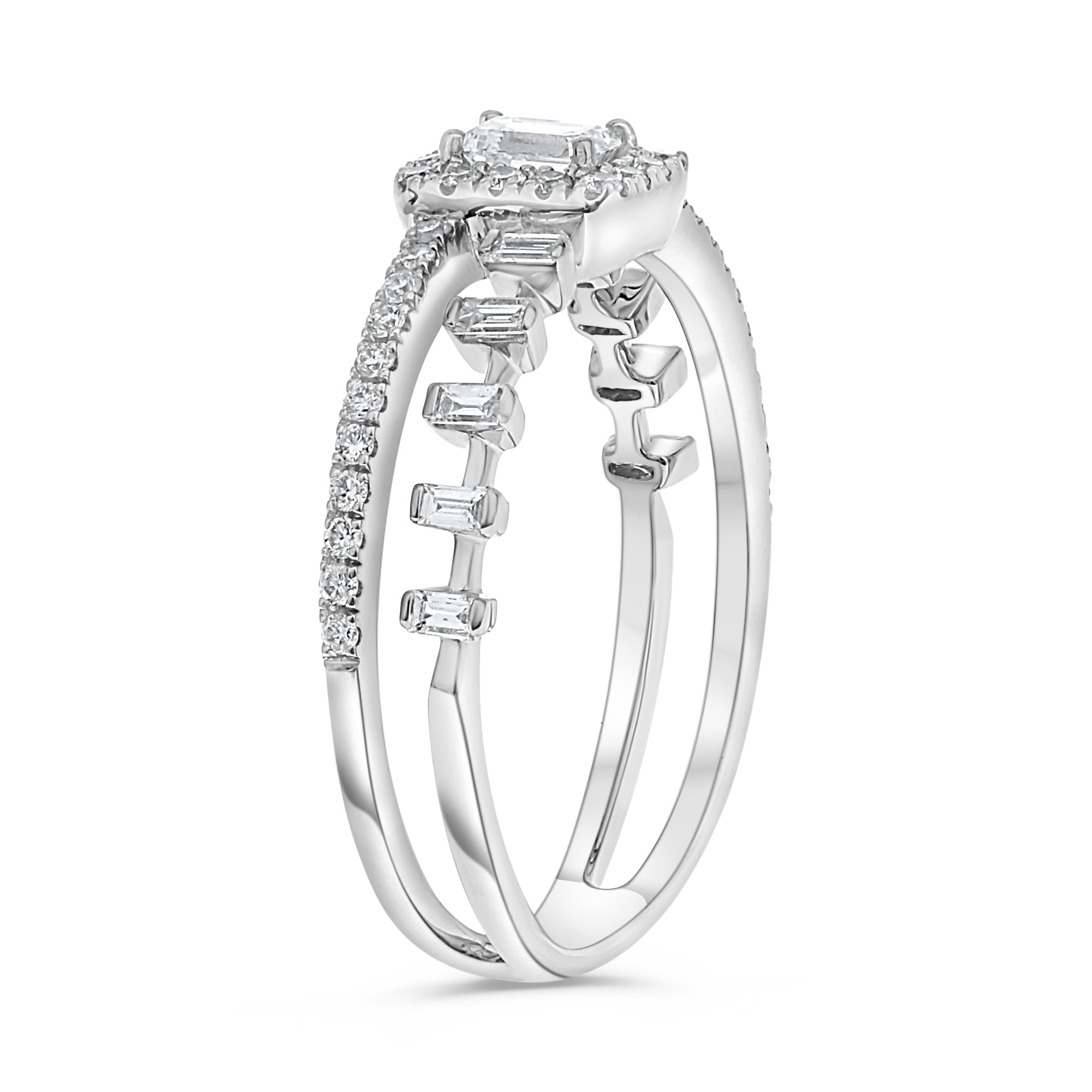 14K White Gold Emerald-Cut Diamond Ring with Baguette & Round Diamonds, 0.47 TCW