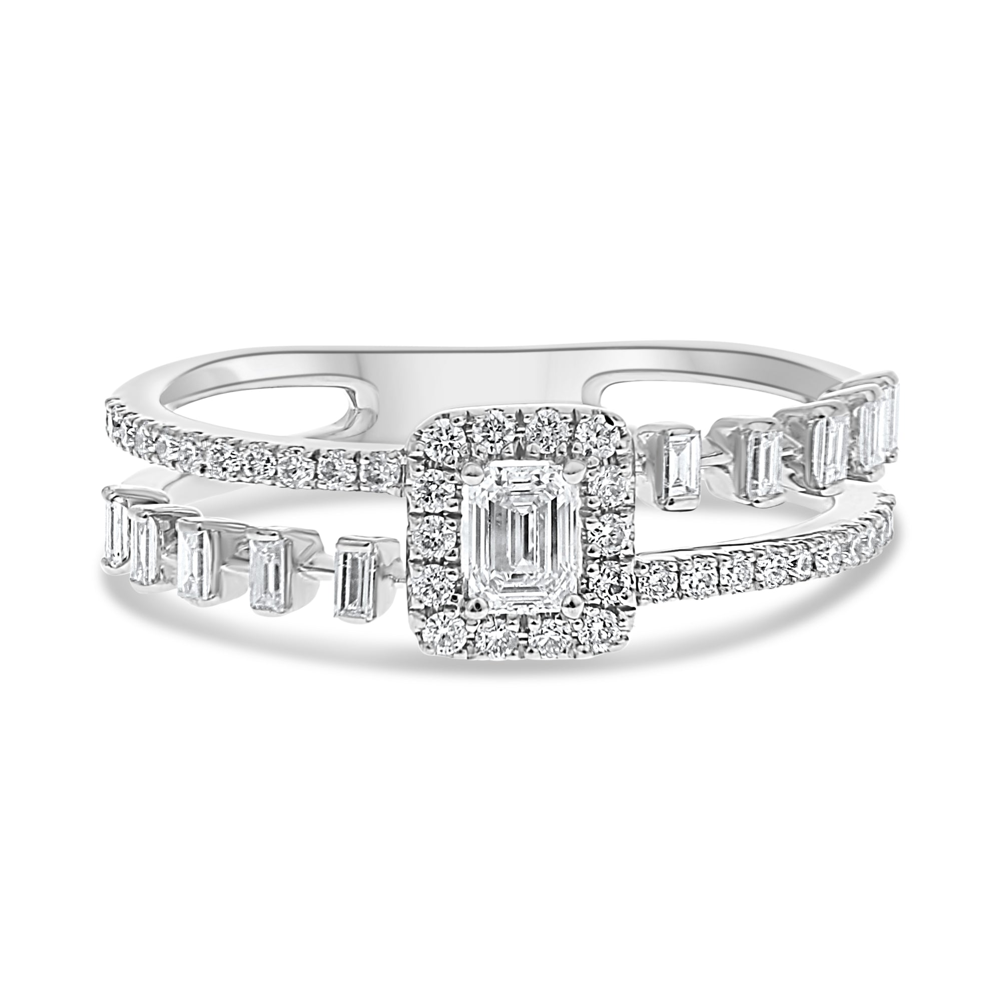14K White Gold Emerald-Cut Diamond Ring with Baguette & Round Diamonds, 0.47 TCW