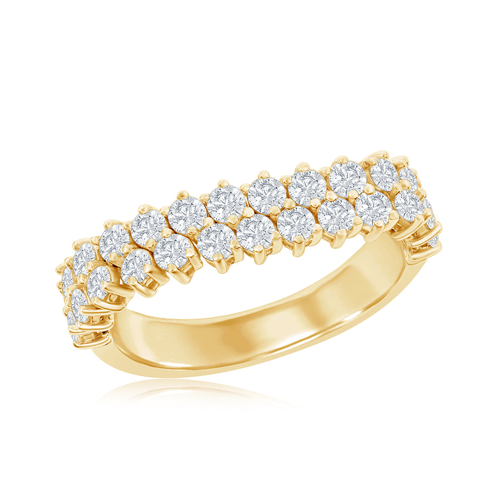 14K Yellow Gold Double Row Diamond Ring with 1.30 Carats of Round Diamonds