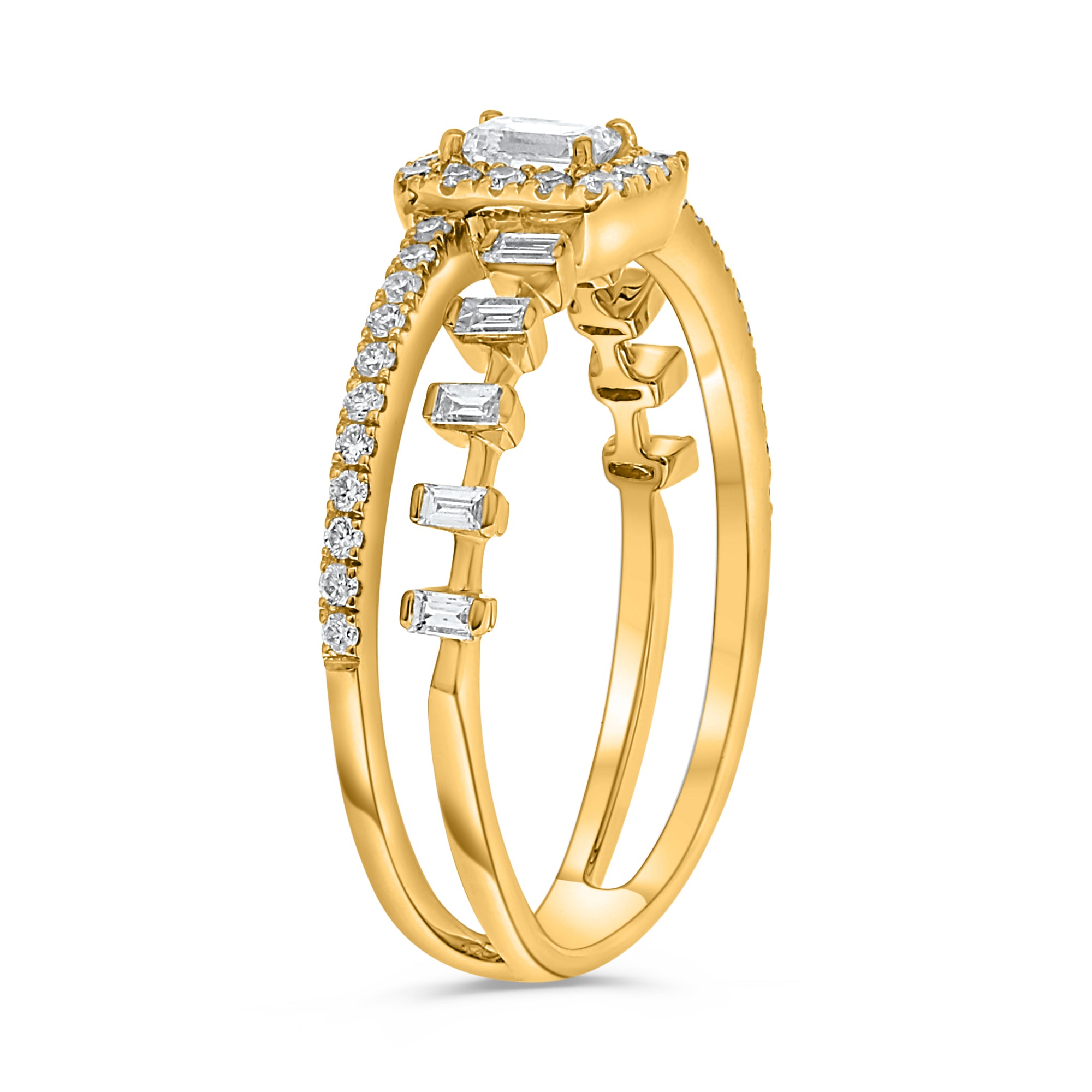 14K Yellow Gold Emerald-Cut Diamond Ring with Baguette & Round Diamonds, 0.47 TCW