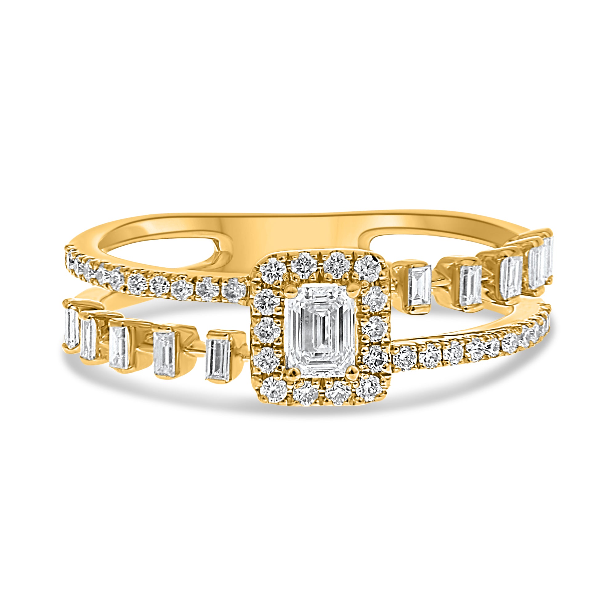 14K Yellow Gold Emerald-Cut Diamond Ring with Baguette & Round Diamonds, 0.47 TCW