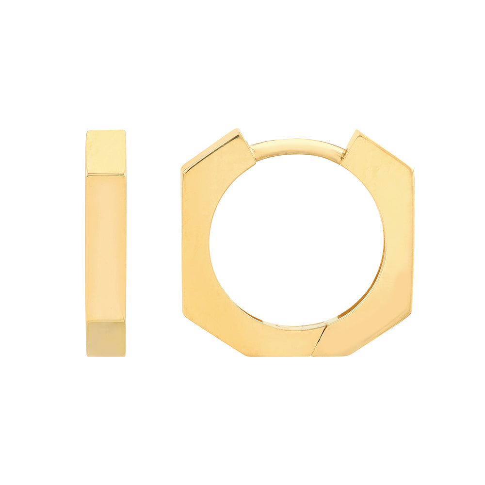 A pair of 14K yellow gold heptagon-shaped polished huggie hoop earrings.