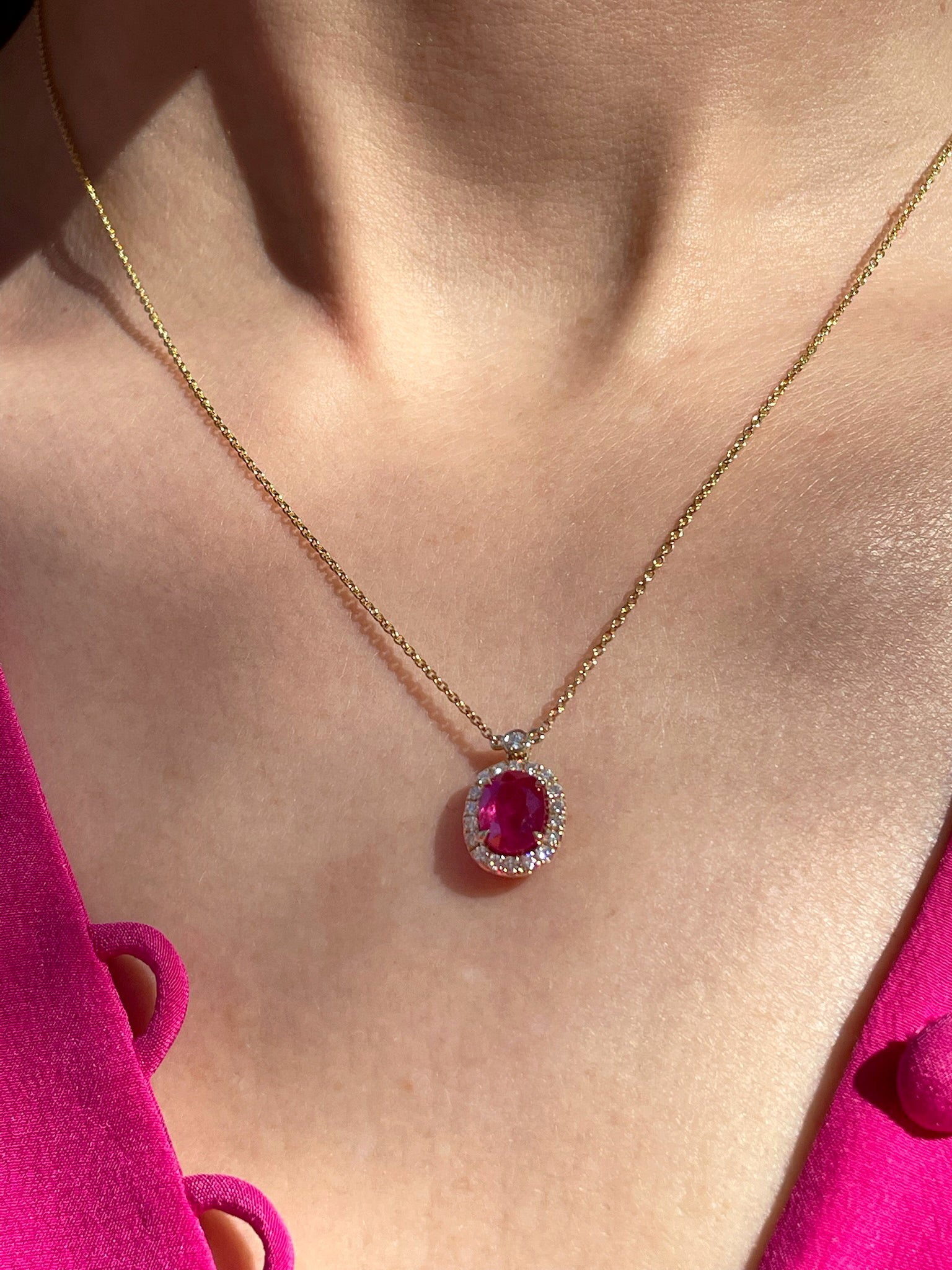 Oval Ruby & Diamond Halo Pendant Necklace | 14K Yellow Gold