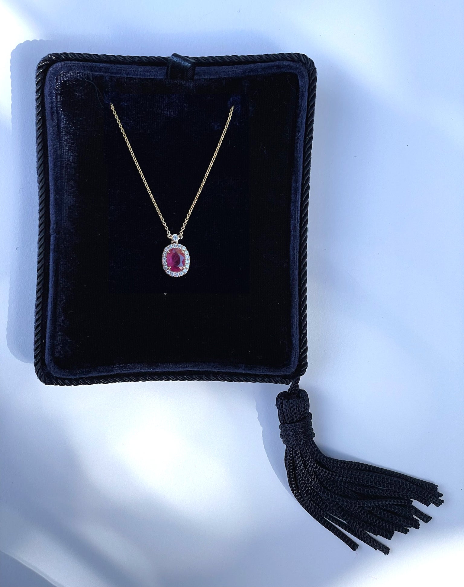 Oval Ruby & Diamond Halo Pendant Necklace | 14K Yellow Gold