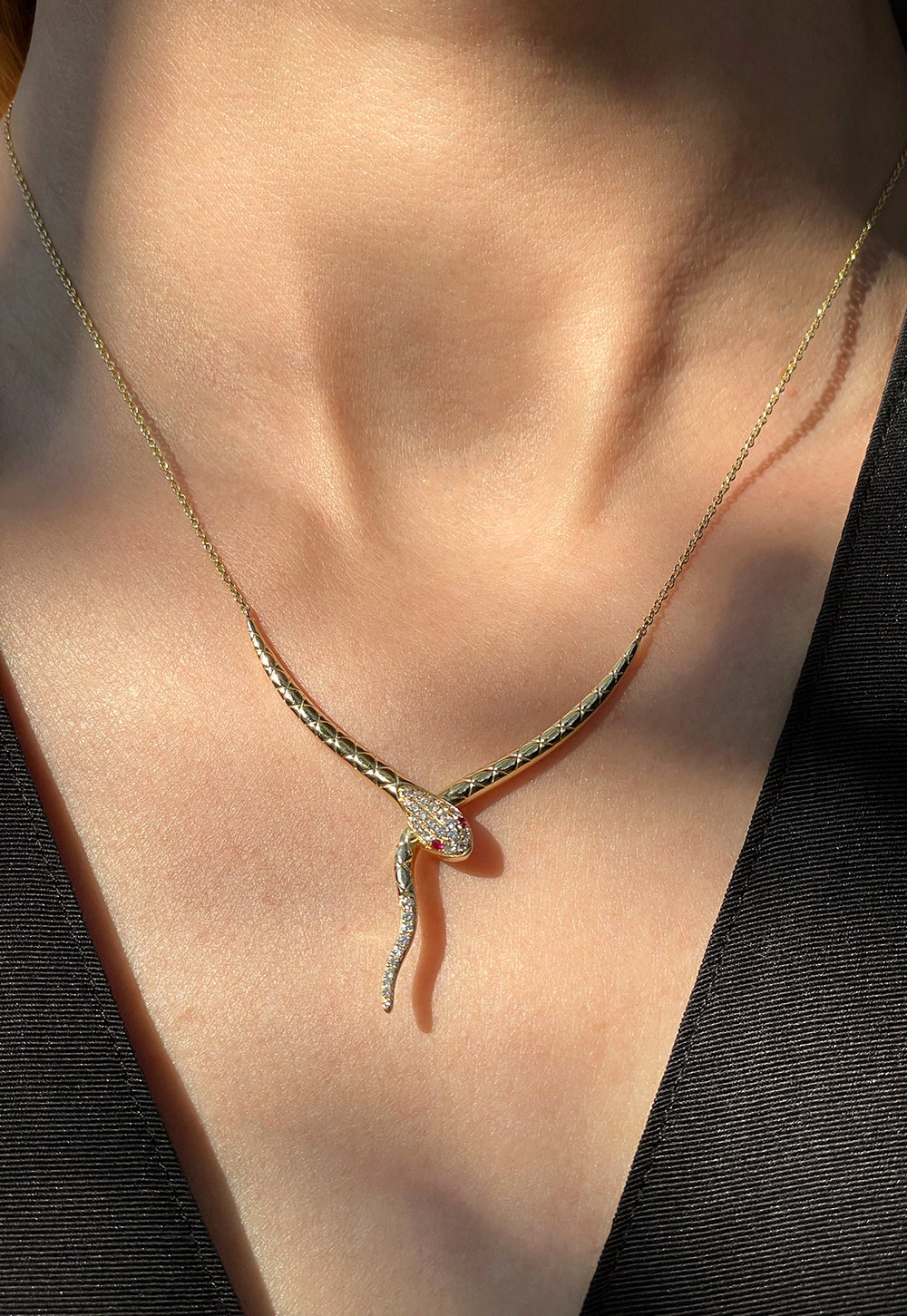 14K Yellow Gold Snake Necklace with Diamonds & Rubies