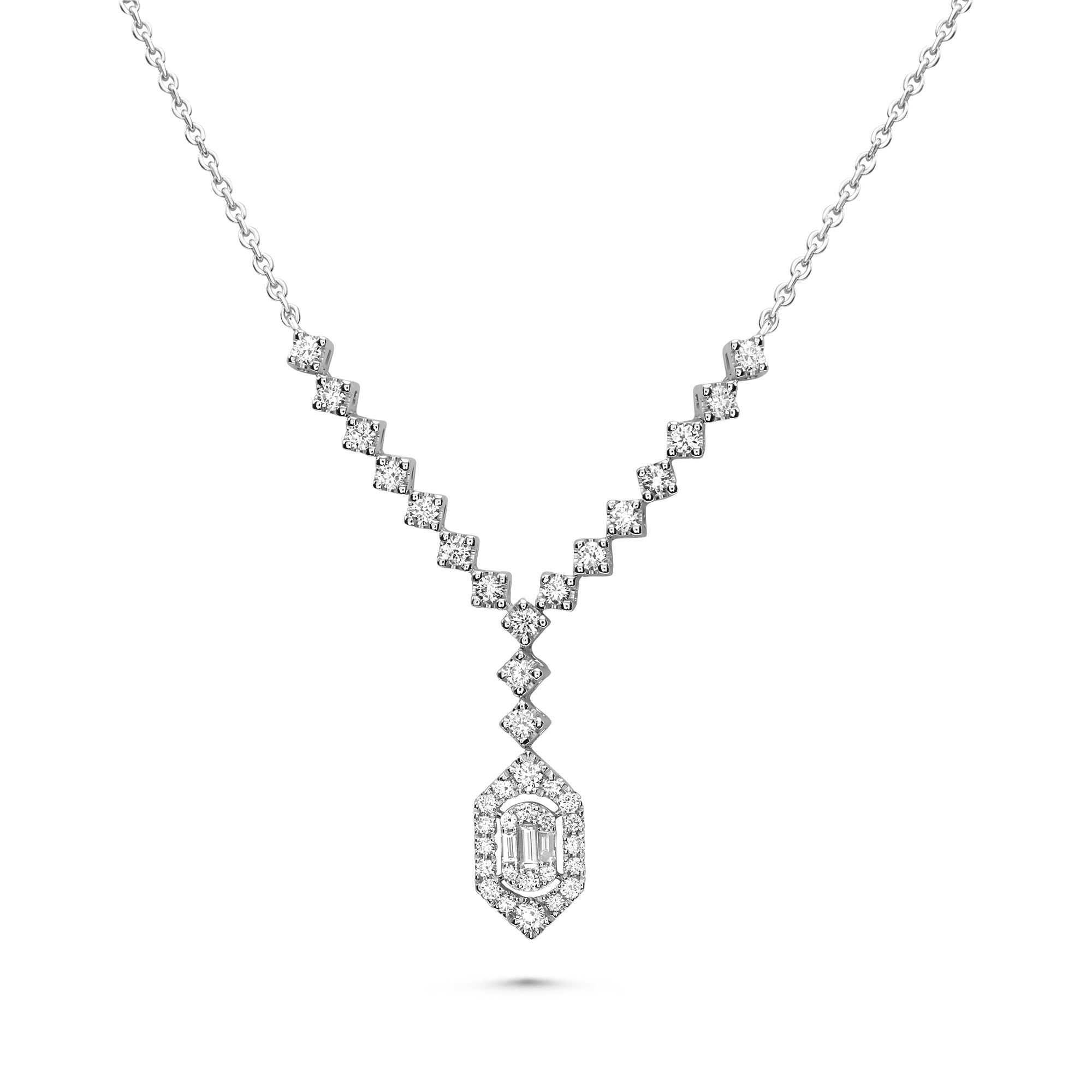 14k White Gold Diamond Drop Necklace with Baguette and Round Diamonds