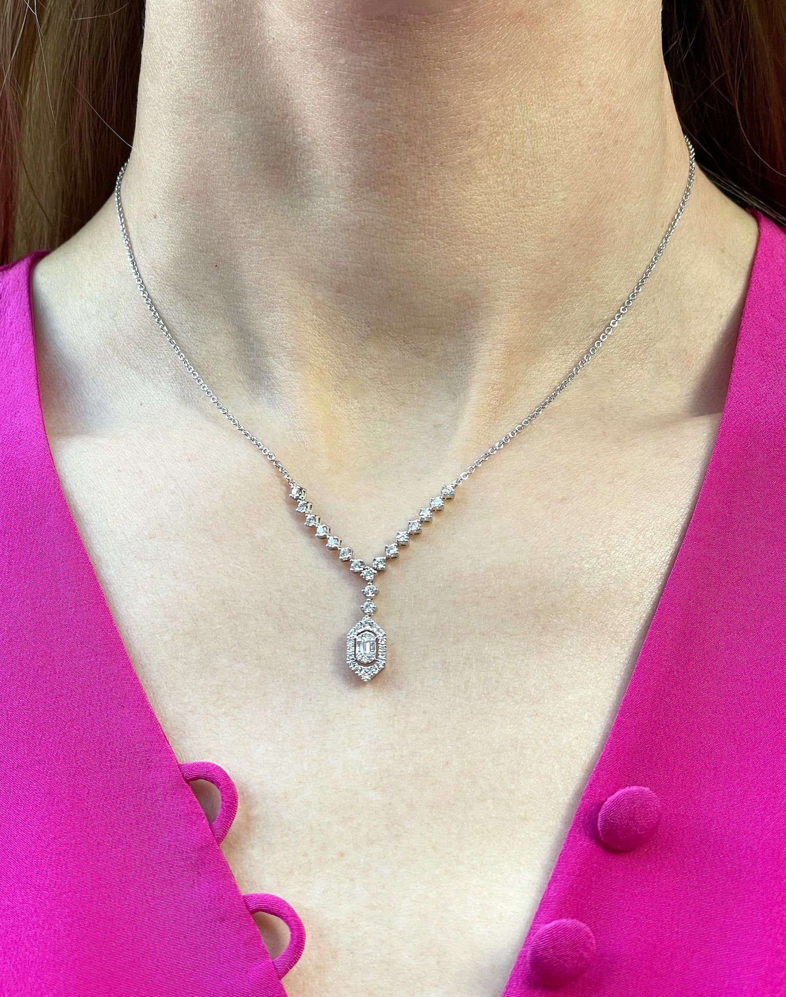 14k White Gold Diamond Drop Necklace with Baguette and Round Diamonds