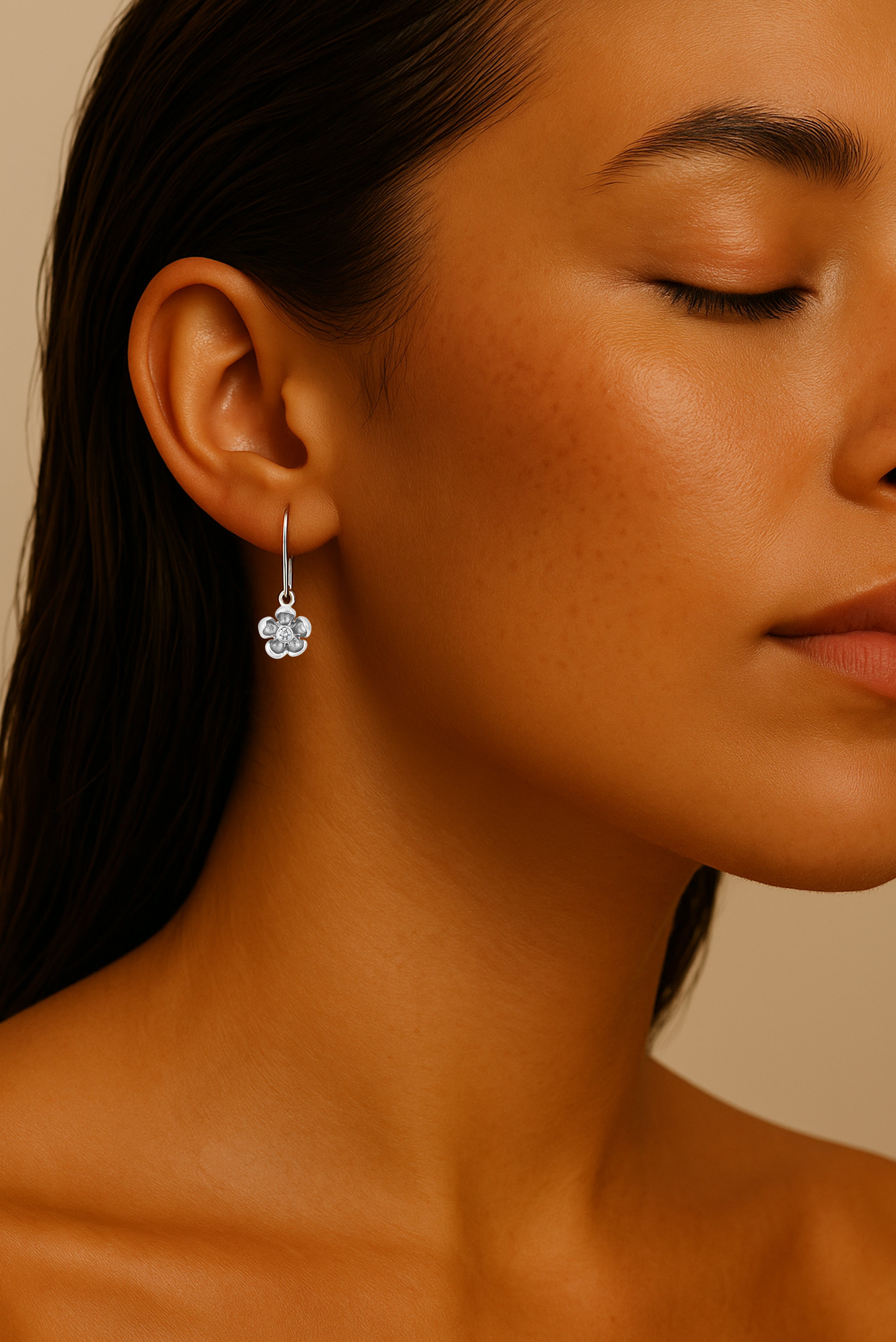 14k White Gold Diamond Five-Petal Flower Drop Earrings