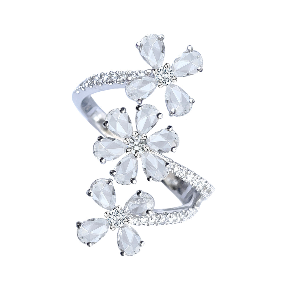 18K White Gold 3-Flower Wrap-Around Diamond Ring