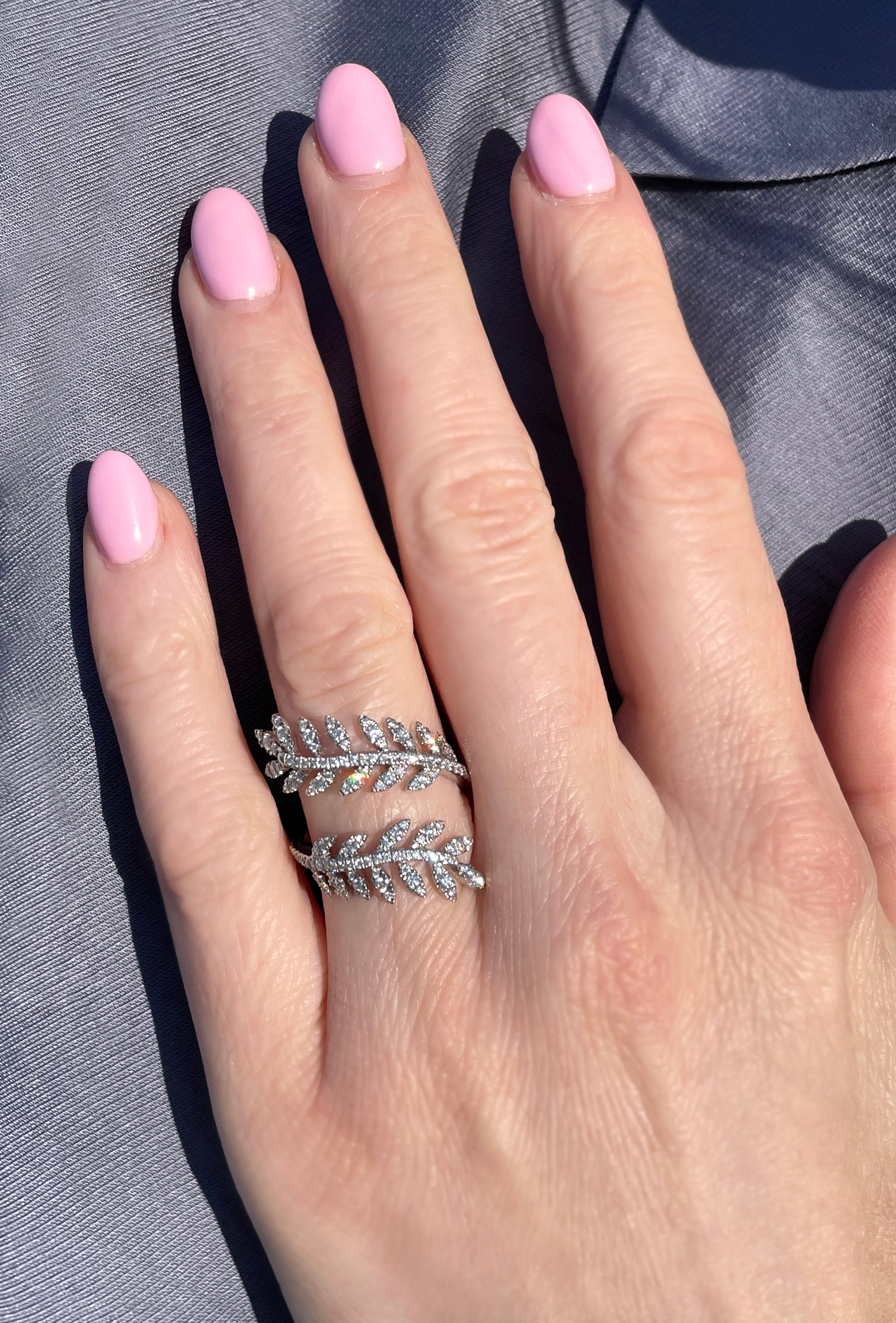 18K White Gold Criss Cross Feather Ring with 0.68 Carats of Diamonds