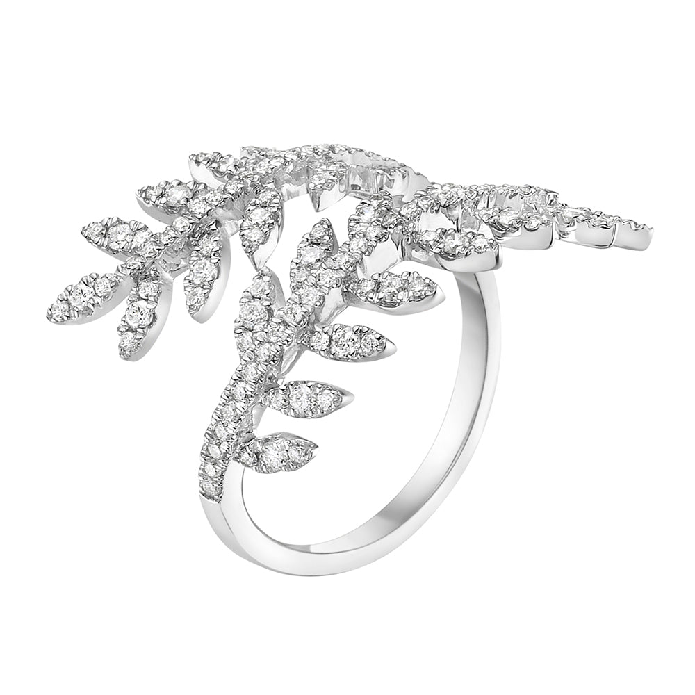 18K White Gold Criss Cross Feather Ring with 0.68 Carats of Diamonds