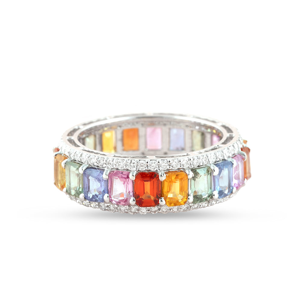 18K White Gold Multi-Color Sapphire Rainbow Ring with Diamonds – 5.70 Carats