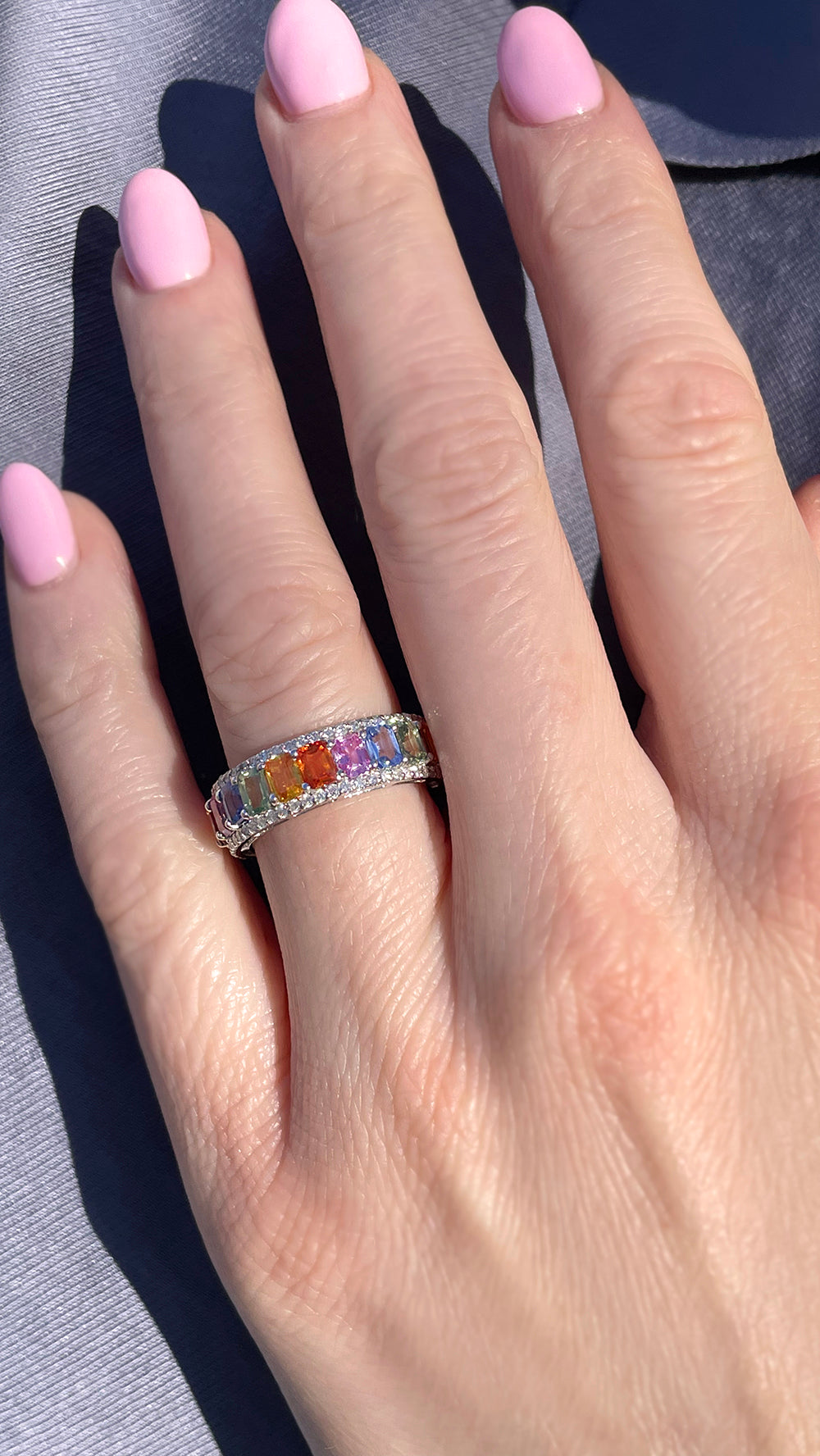 18K White Gold Multi-Color Sapphire Rainbow Ring with Diamonds – 5.70 Carats