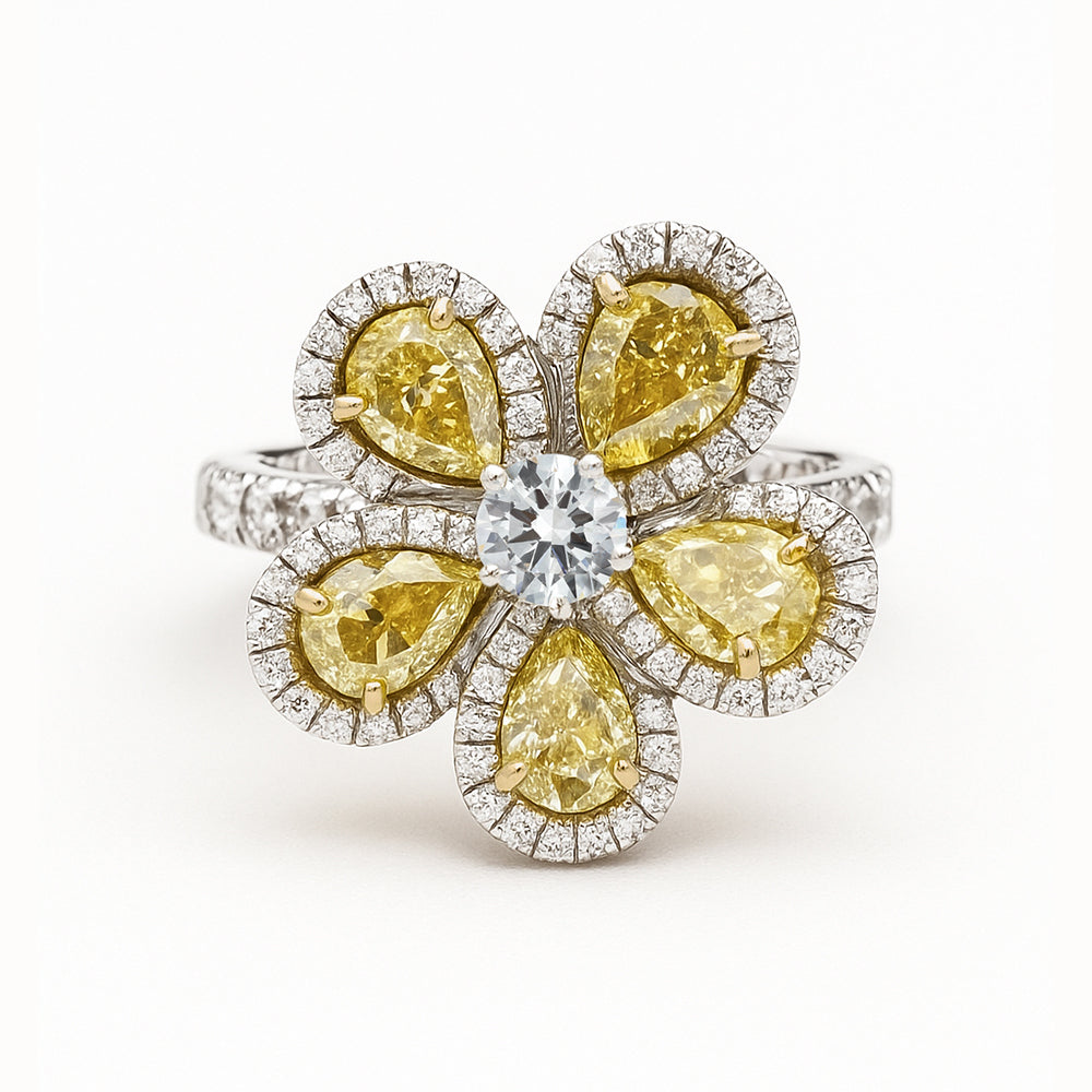 18K White & Yellow Gold Mixed Yellow and White Diamond Flower Ring (2.64 Carats)