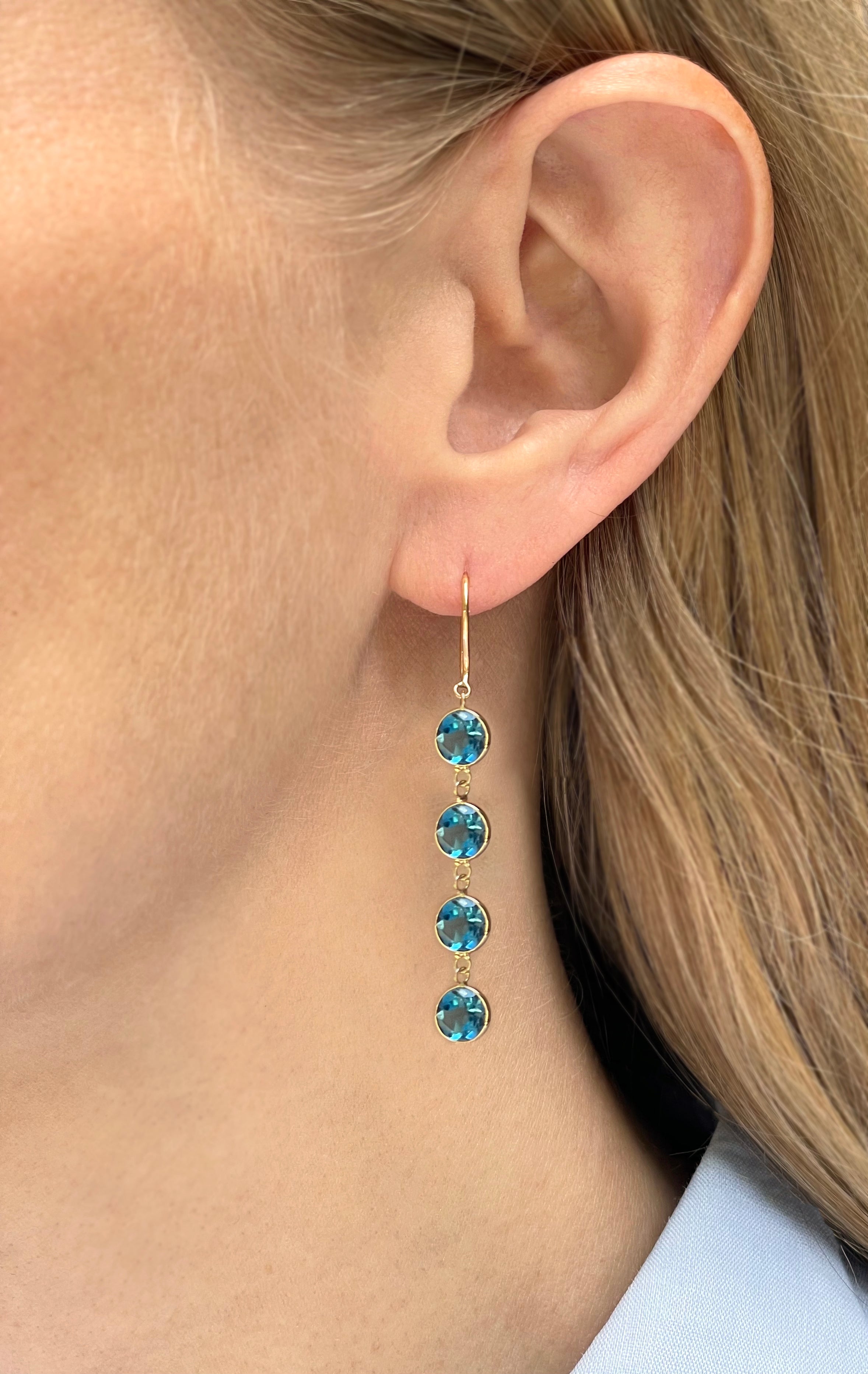 18K Yellow Gold 4-Stone London Blue Topaz Earrings – 8.40 Carats
