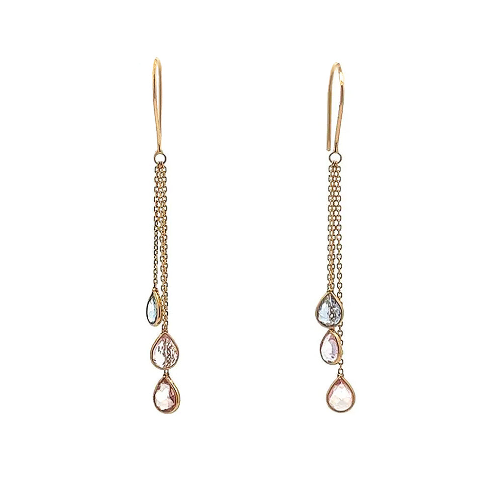 18K Yellow Gold Chain Drop Multi-Color Sapphire Earrings