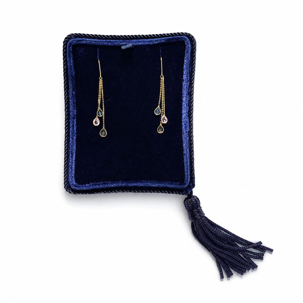 18K Yellow Gold Chain Drop Multi-Color Sapphire Earrings