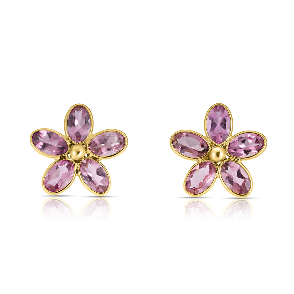 A pair of 18K yellow gold pink sapphire flower earrings.