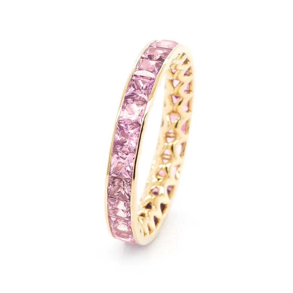 18K Yellow Gold Princess Cut Pink Sapphire Eternity Band – 3.05 Carats