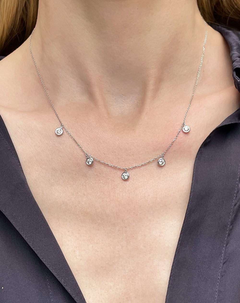 1 Carat Brilliant-Cut Diamond Droplet Bezel Set Station Necklace | 14K Yellow Gold, White Gold or Rose Gold