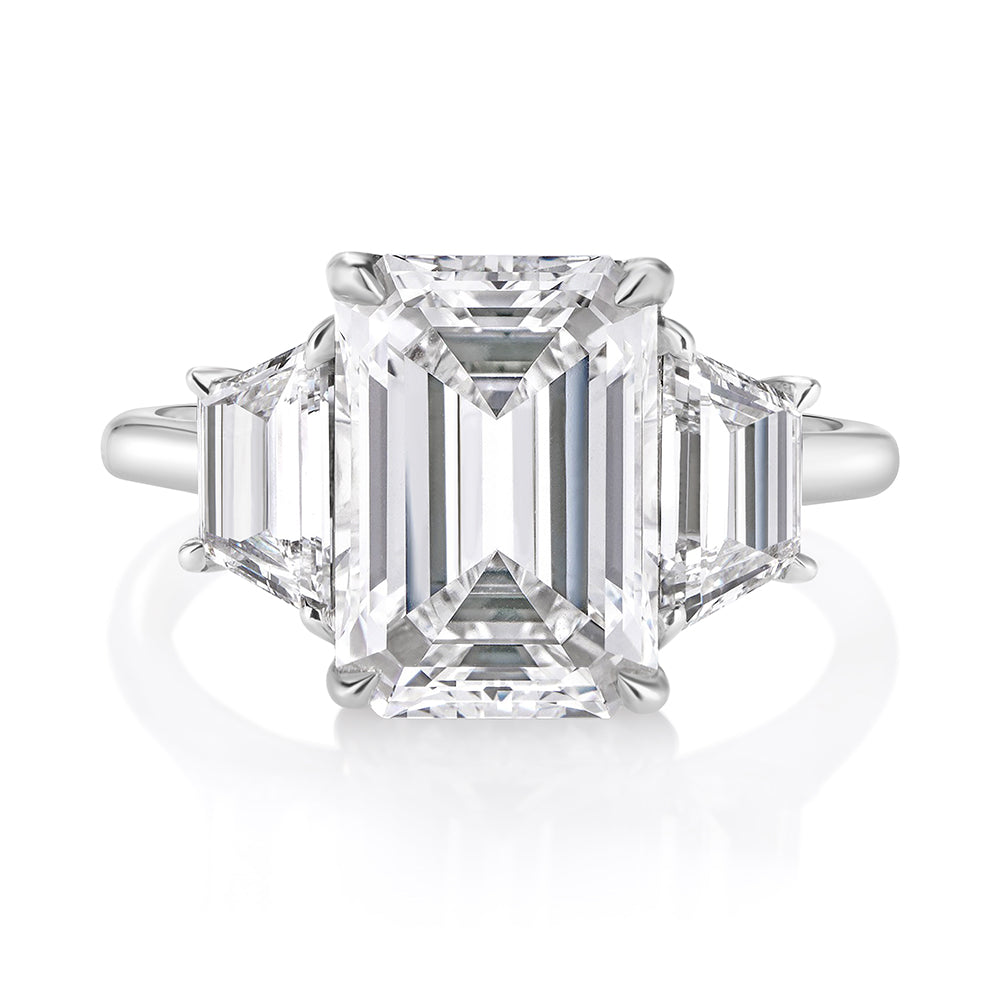 2.66 Carat Emerald Cut Diamond Three Stone Engagement Ring in Platinum