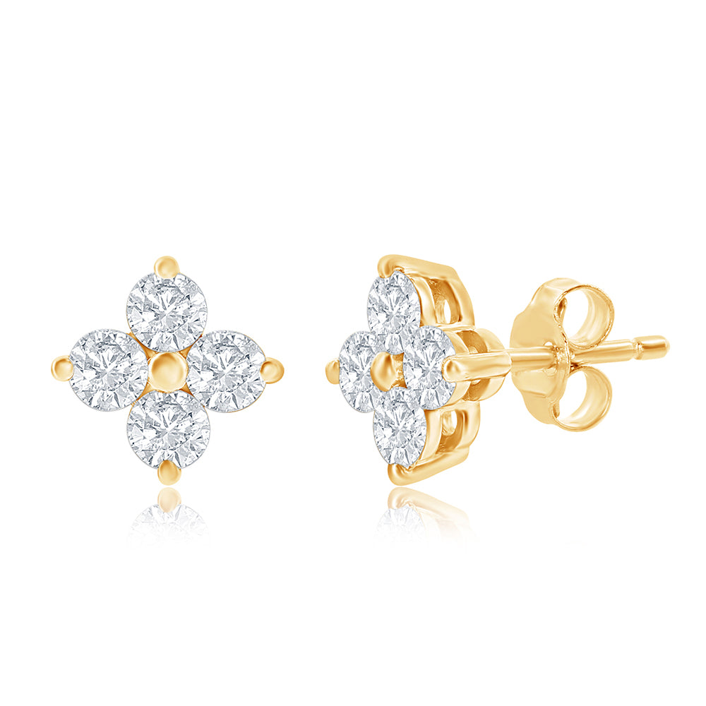 4-Petal Diamond Cluster Stud Earrings in 14K Yellow Gold with Round Brilliant-Cut Diamonds, 0.50 Carat Total Weight