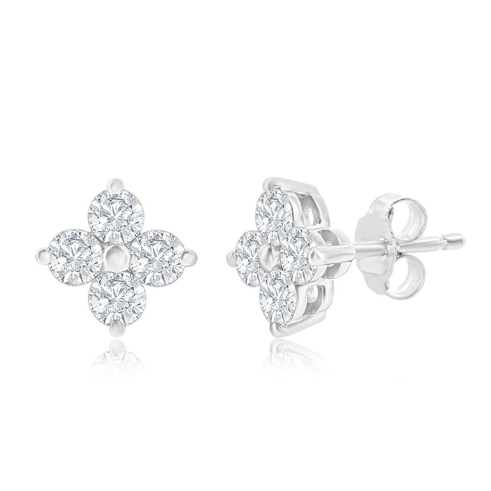 4-Petal Diamond Cluster Stud Earrings in 14K White Gold with Round Brilliant-Cut Diamonds, 0.50 Carat Total Weight