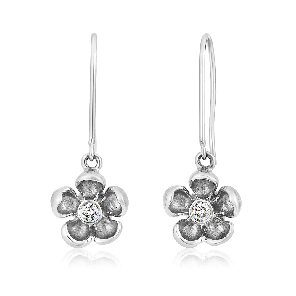 14k White Gold Diamond Five-Petal Flower Drop Earrings