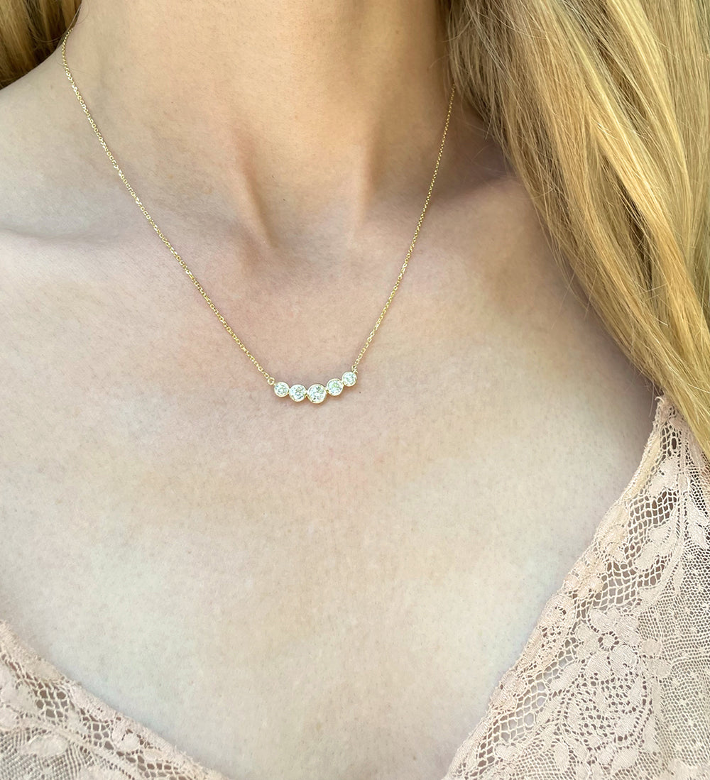 5 Diamond Bezel Set Curved Bar Necklace | 14k Yellow Gold