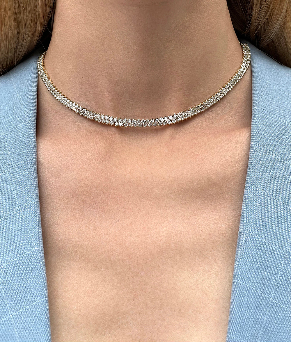 10.51 Carat Double Row Adjustable Choker Necklace 14K Yellow Gold