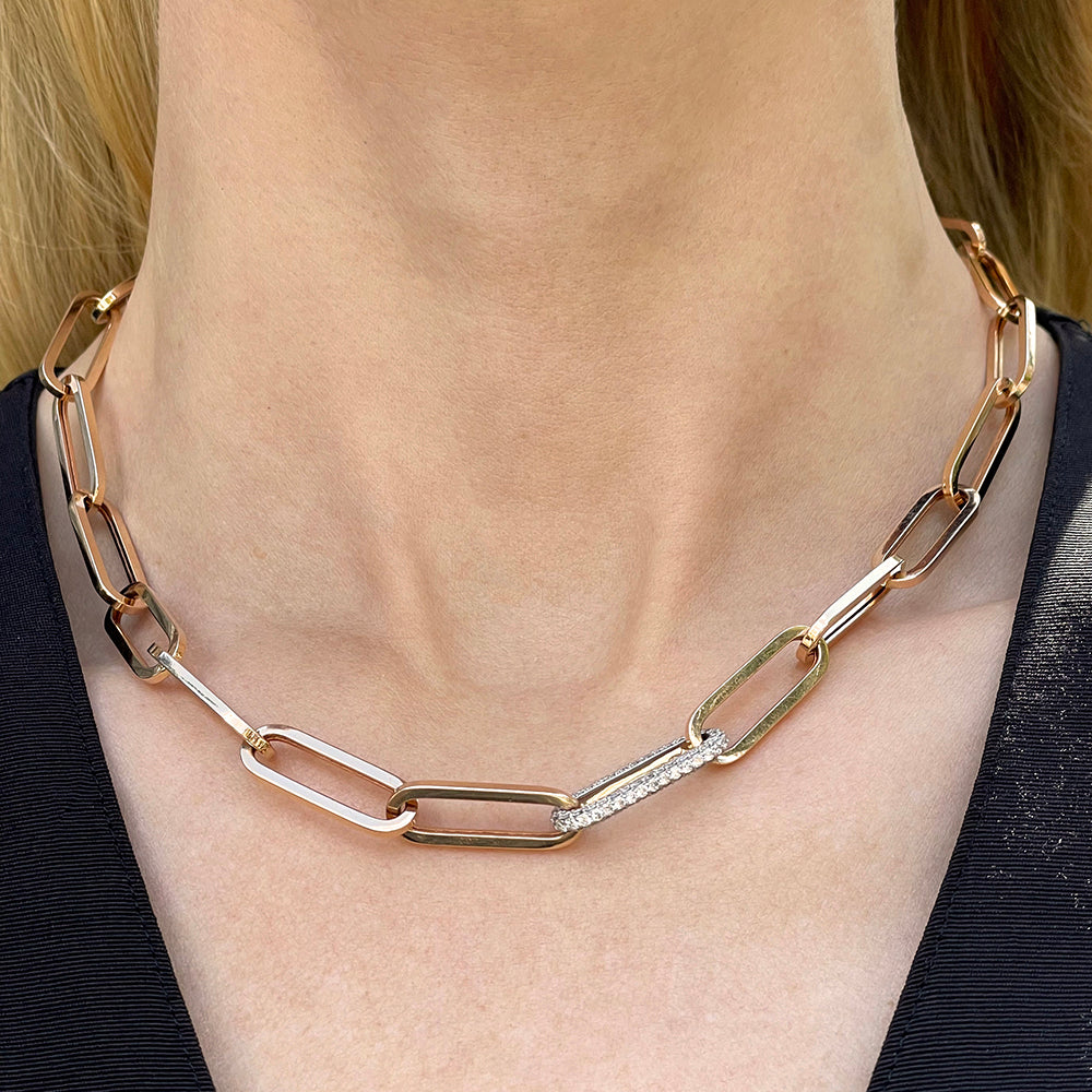 Paperclip Chain Necklace with Single Diamond Pavé Link 14k Rose Gold