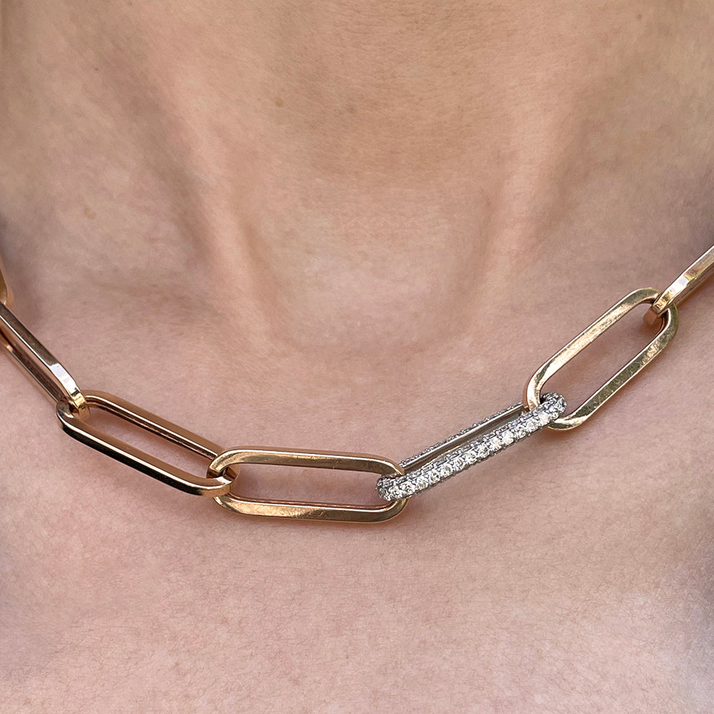 Paperclip Chain Necklace with Single Diamond Pavé Link 14k Rose Gold