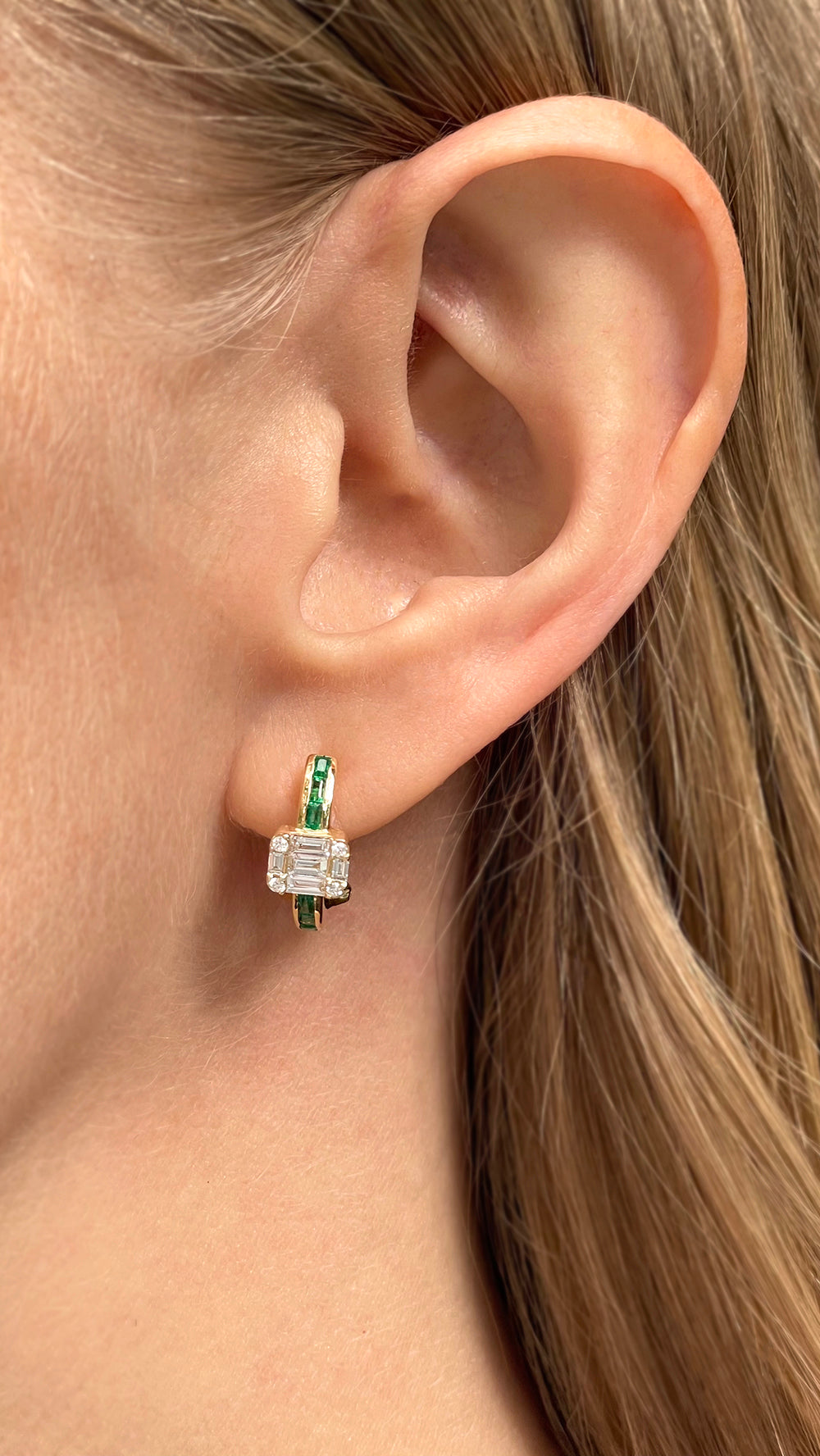 Yellow Gold and Emerald Serenity Hoop Earrings with Diamonds