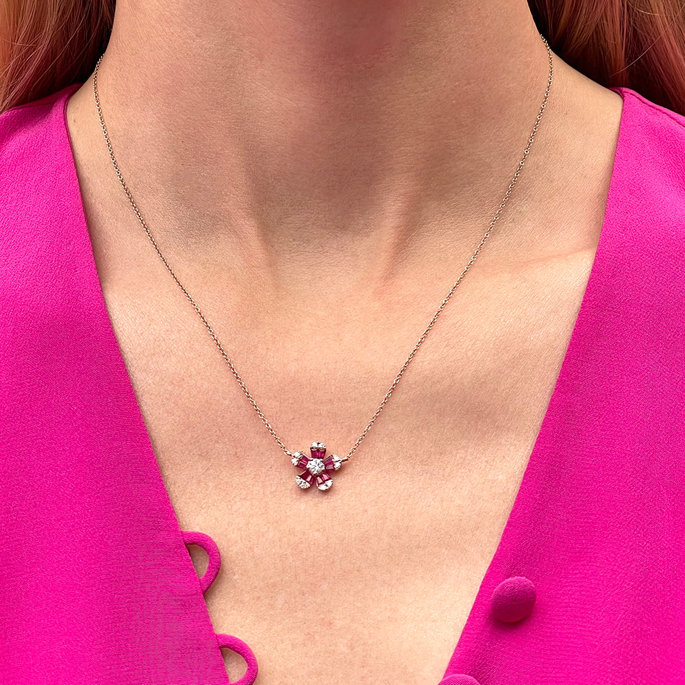 Ruby and Diamond Flower Necklace 14k Rose Gold