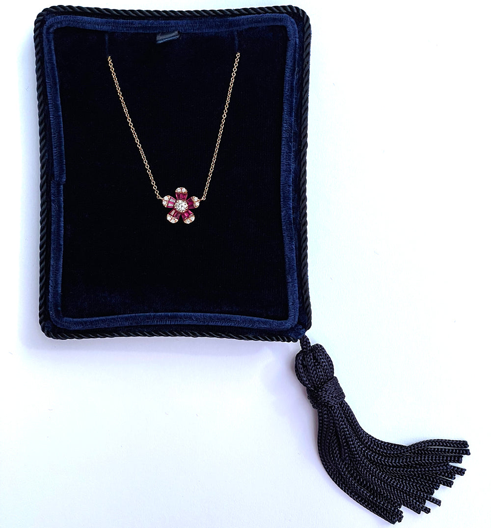 Ruby and Diamond Flower Necklace 14k Rose Gold