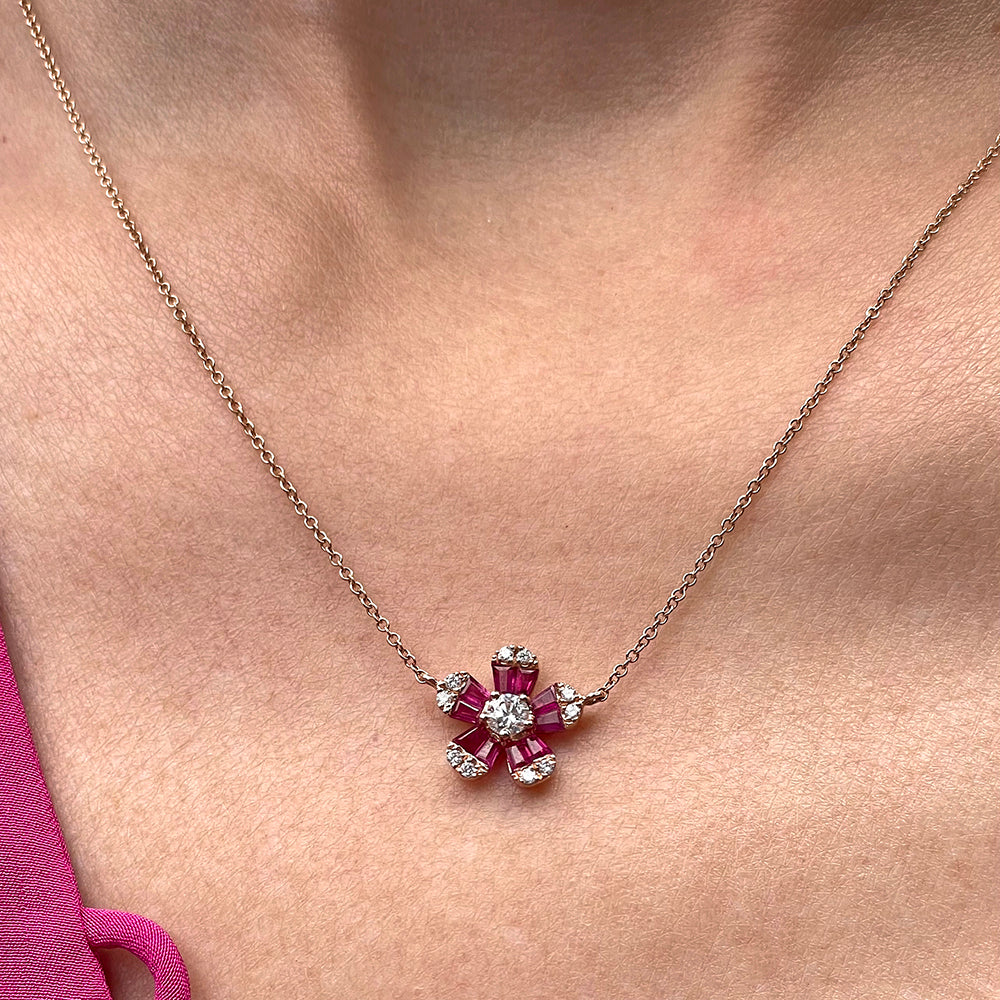 Ruby and Diamond Flower Necklace 14k Rose Gold