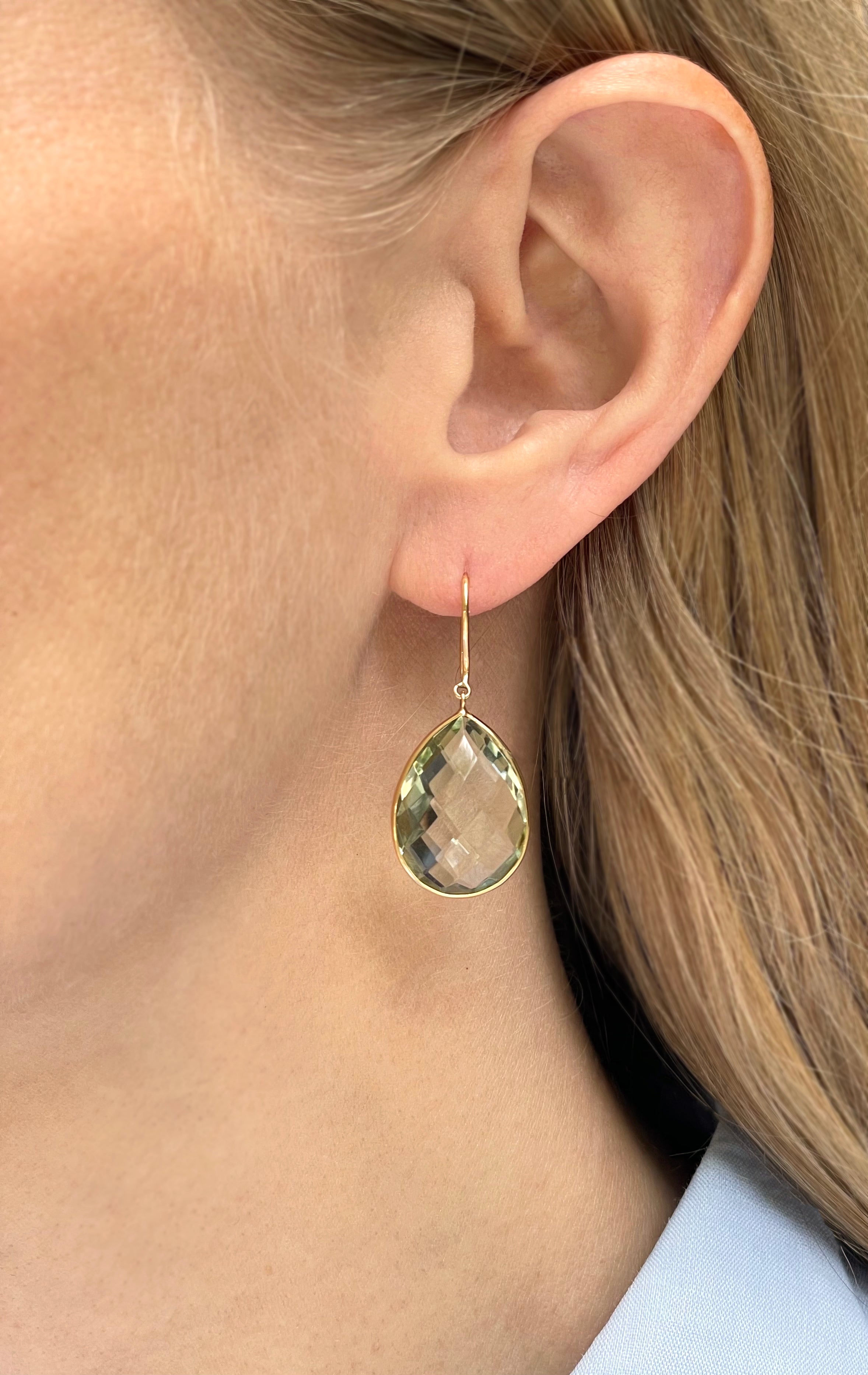 Light Green Amethyst Pear Shape Earrings 14k Yellow Gold