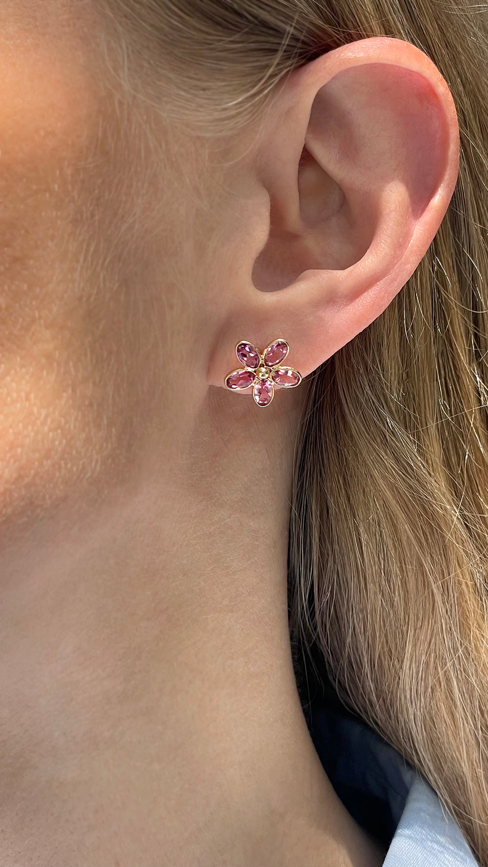 18K Yellow Gold Pink Sapphire Flower Earrings - 0.52 Carats